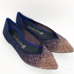 Rothy’s pointy toe navy blue rose gold shoes 10.5